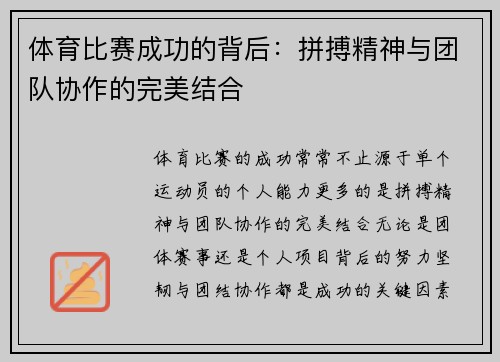 体育比赛成功的背后：拼搏精神与团队协作的完美结合