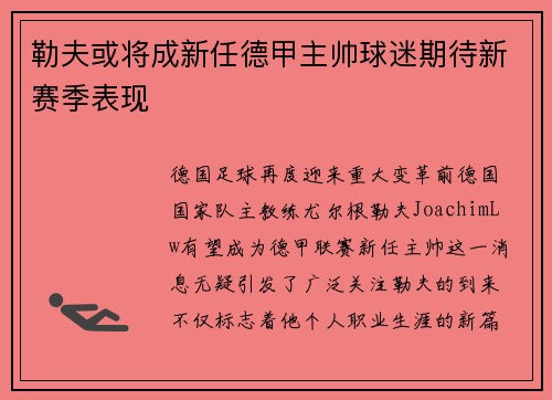 勒夫或将成新任德甲主帅球迷期待新赛季表现