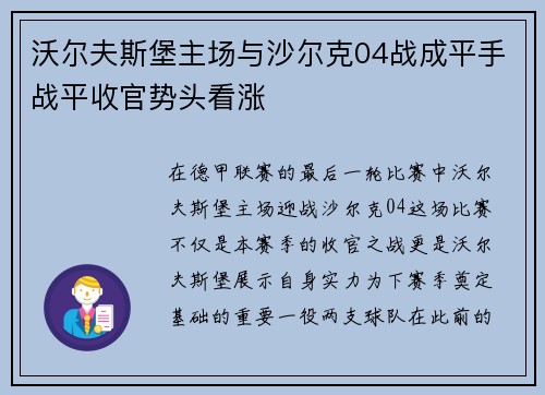 沃尔夫斯堡主场与沙尔克04战成平手战平收官势头看涨
