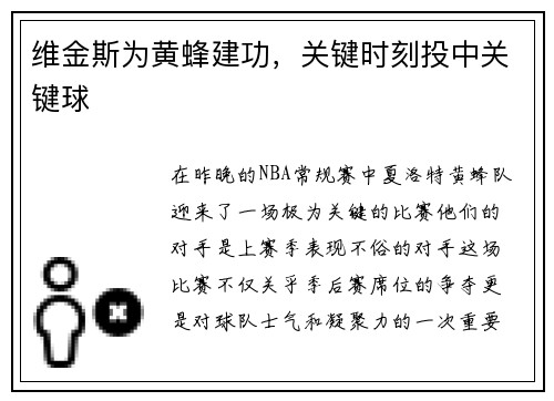 维金斯为黄蜂建功，关键时刻投中关键球