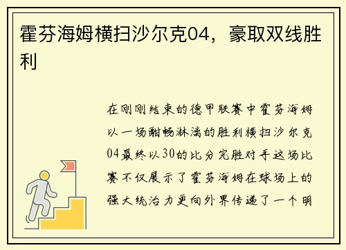 霍芬海姆横扫沙尔克04，豪取双线胜利
